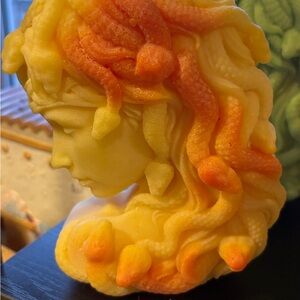 Handmade Medusa Half Face Candle Yellow Orange Soy Wax Sculpture